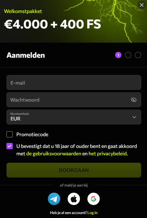 Instasino-registratieformulier met e-mail, wachtwoord, valutakeuze en leeftijdsbevestiging